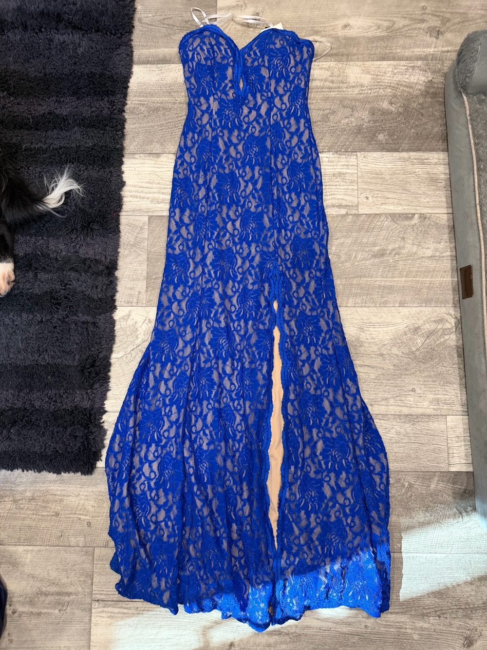 Xscape Royal Blue Strapless Lace Jumpsuit Gown
